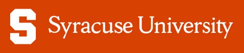 Syracuse University logo, white on orange background.